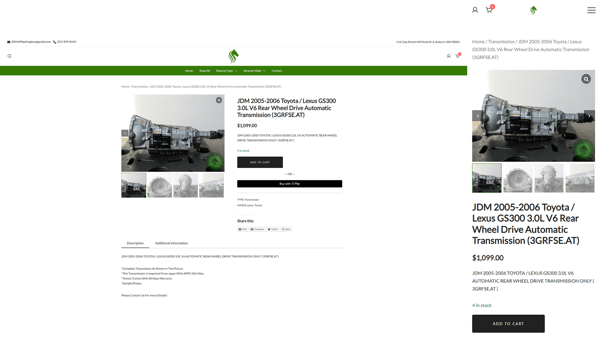 JDM of Washington – Desktop and mobile device screenshots of an individual, for-sale product webpage
