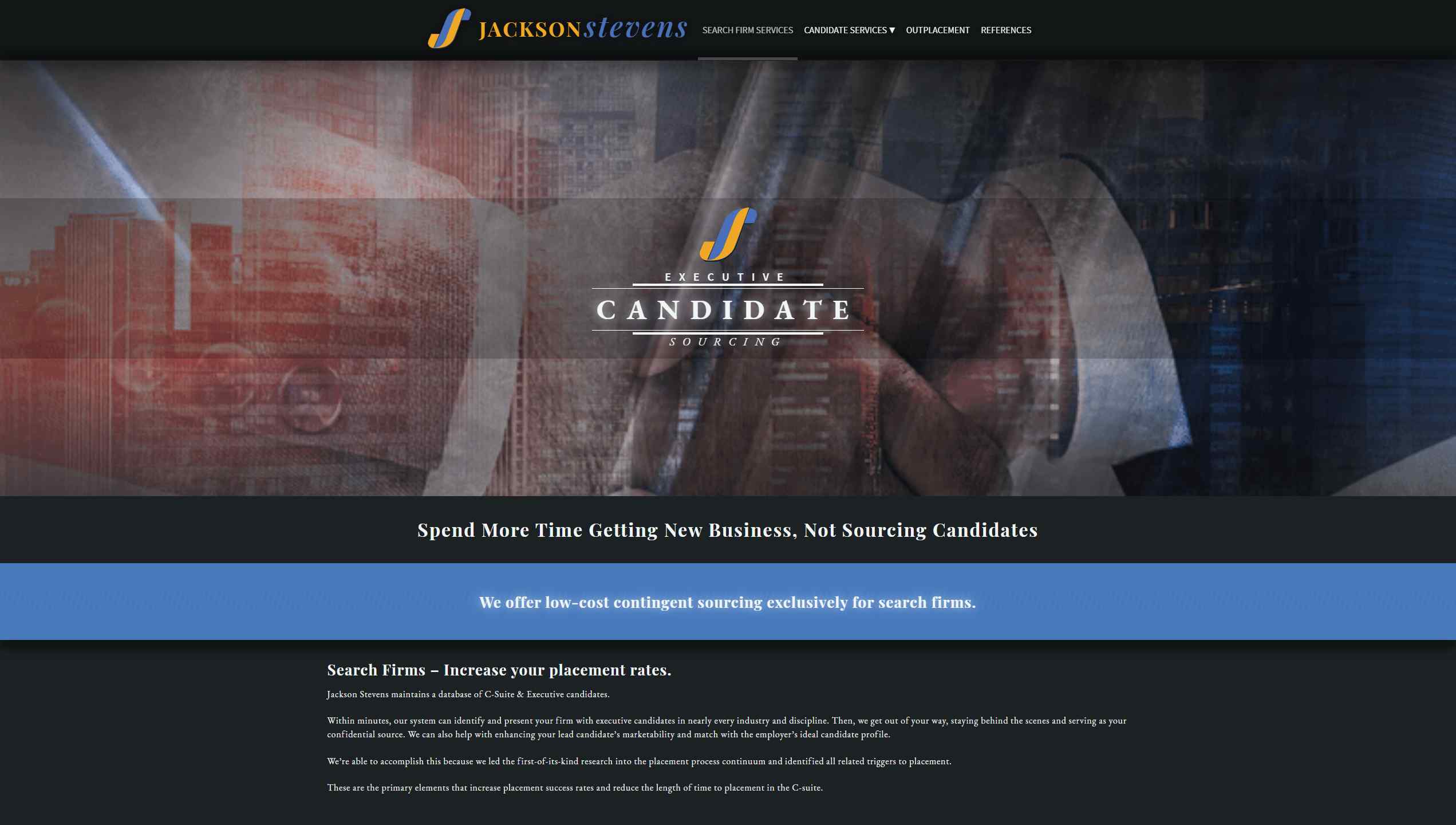 Jackson Stevens Resumes – Desktop device screenshot of the search firm services webpage