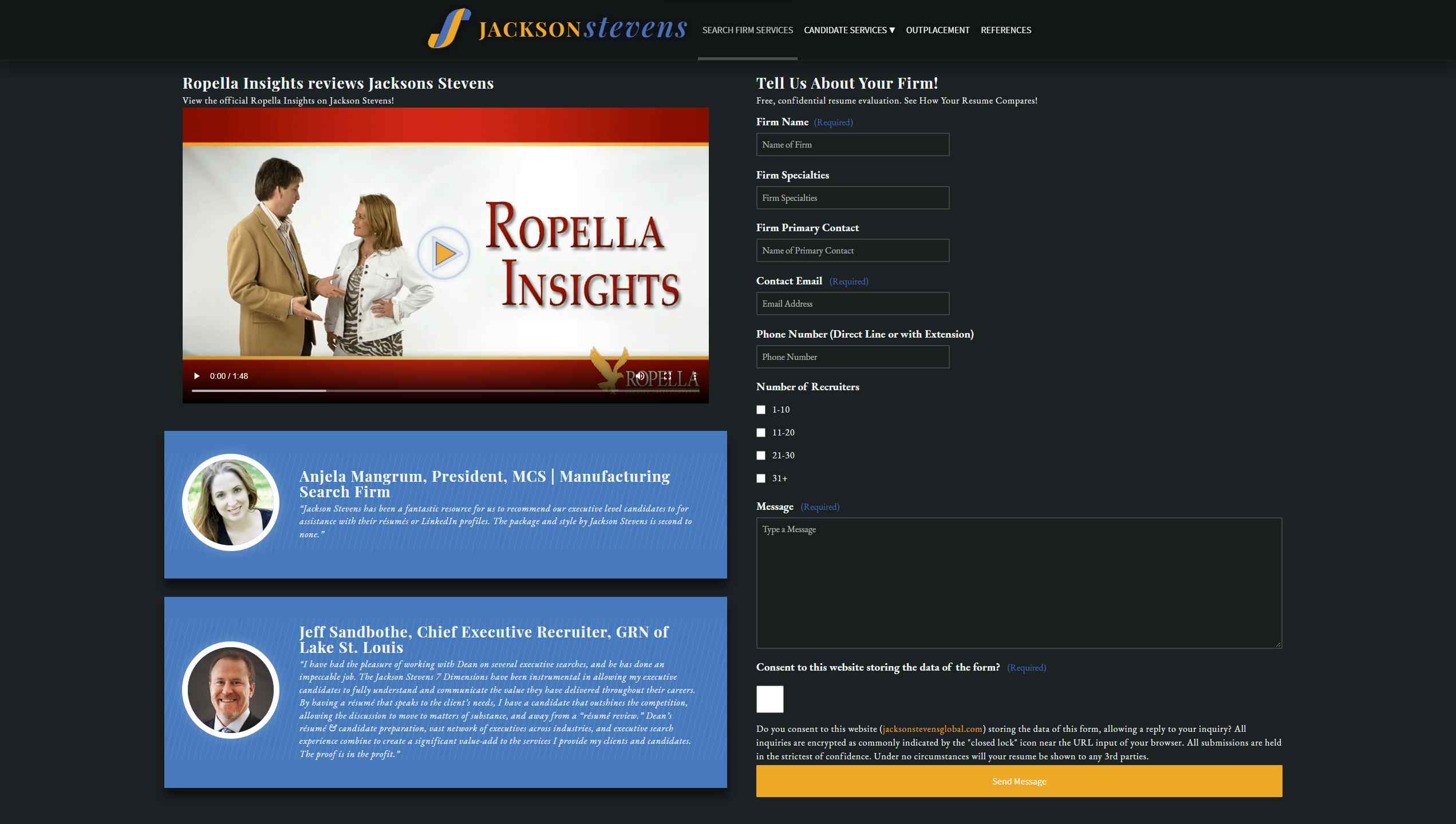 Jackson Stevens Resumes – Desktop device screenshot of the search firm services webpage