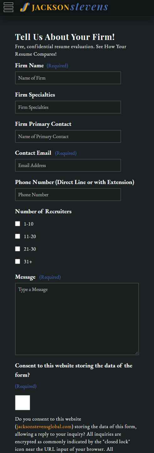 Jackson Stevens Resumes – Mobile device screenshot of the search firm services webpage