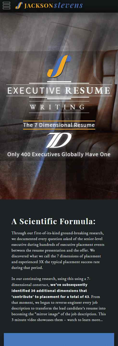Jackson Stevens Resumes – Mobile device screenshot of the executive resume writing webpage