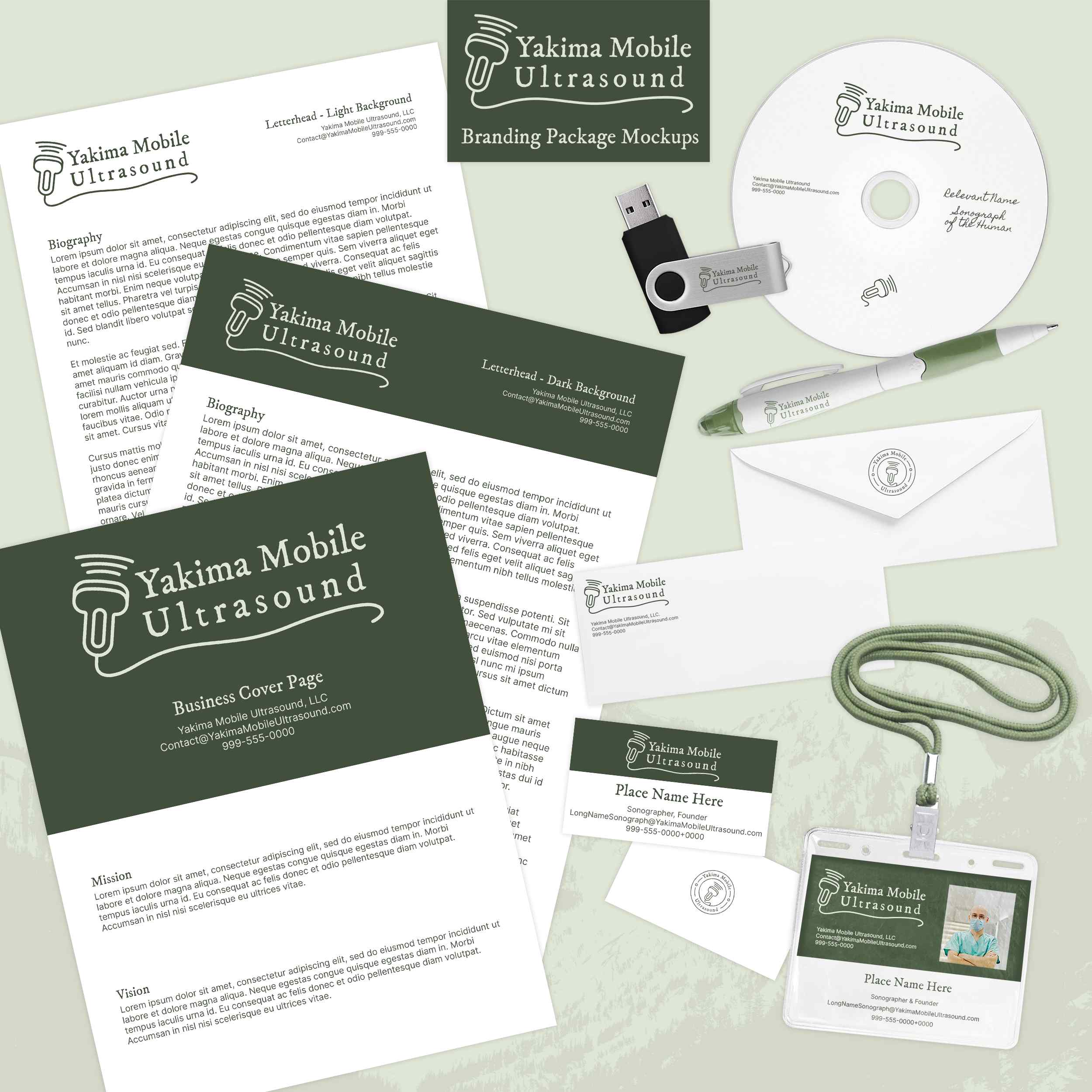Yakima Mobile Ultrasound – Branding package mockups for branded materials and stationery