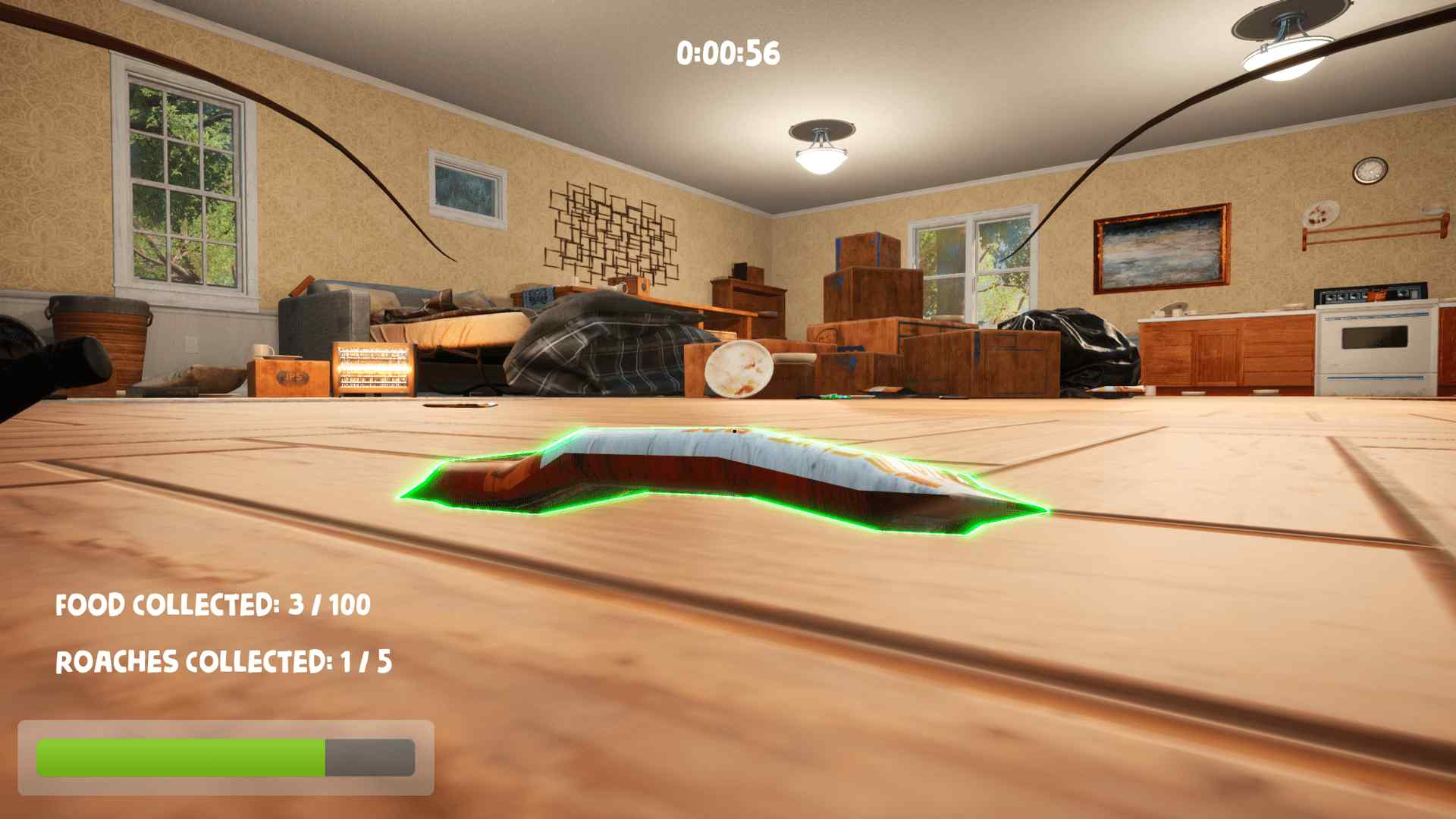 Roach Run's Simple First-Person HUD with Object Glow, Timer, Food Amnt, Roach Amnt, and Health